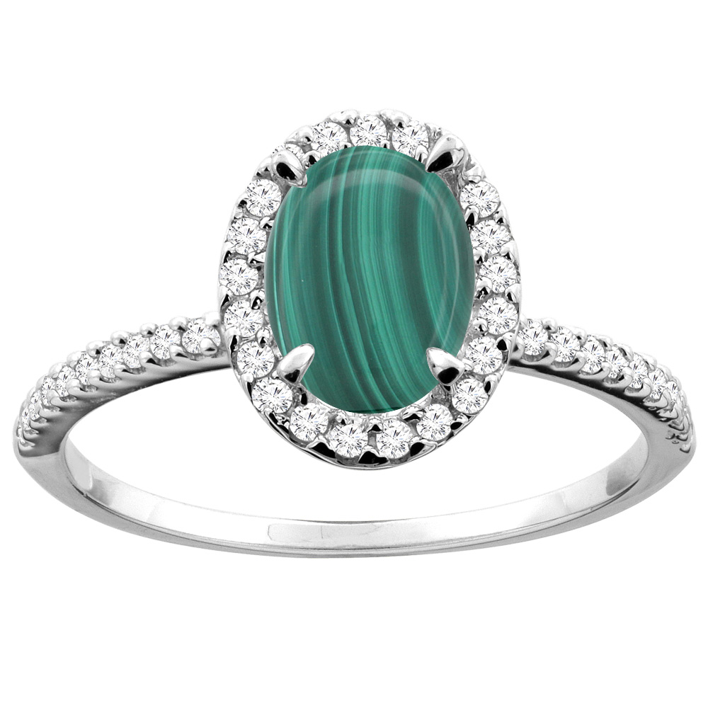 14K White/Yellow Gold Natural Malachite Ring Oval 8x6mm Diamond Accent, sizes 5 - 10