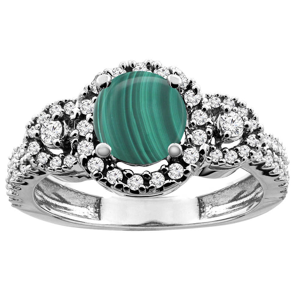 10K White/Yellow Gold Diamond Halo Natural Malachite Ring Round 6mm, sizes 5 - 10