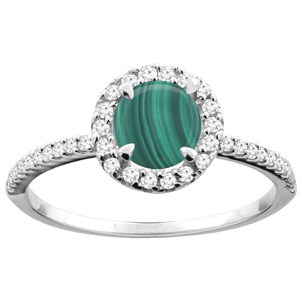 14K Gold Natural Malachite Ring Round 6mm Diamond Accents, sizes 5 - 10