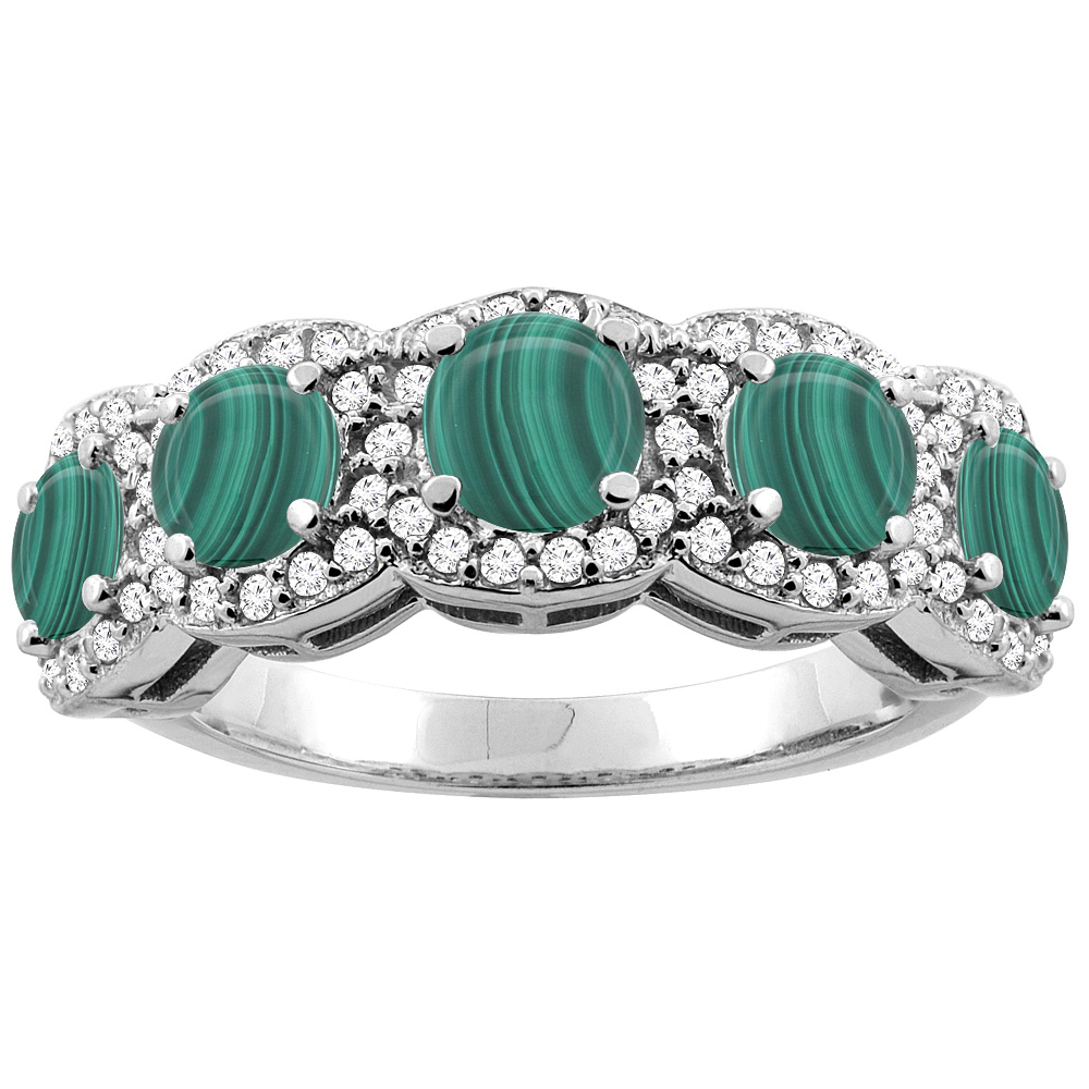 10K Gold Natural Malachite 5-Stone Ring Round 4mm, sizes 5 - 10