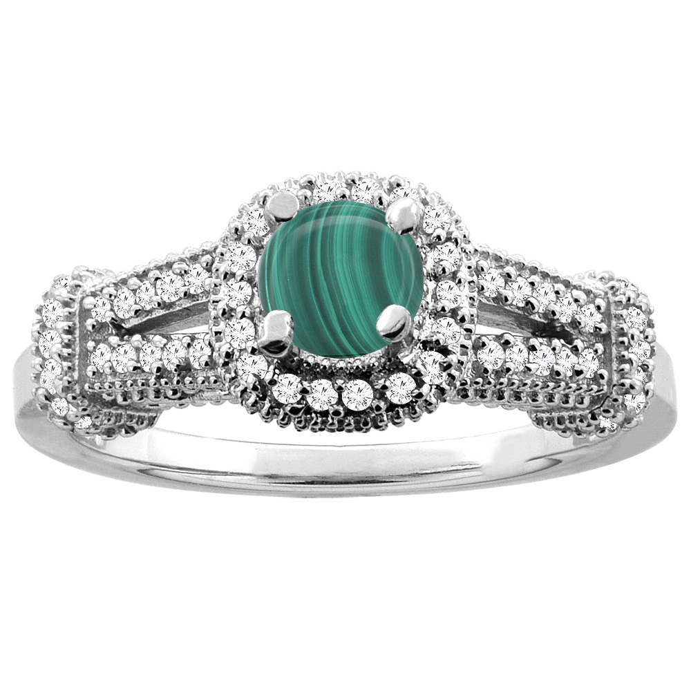 14K White Gold Natural Malachite Engagement Halo Ring Round 5mm Diamond Accents, sizes 5 - 10