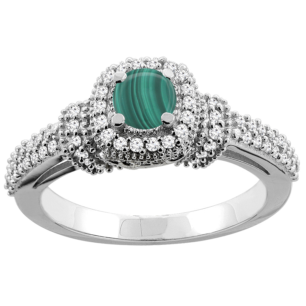 14K Gold Natural Malachite Engagement Halo Ring Round 5mm Diamond Accents, sizes 5 - 10