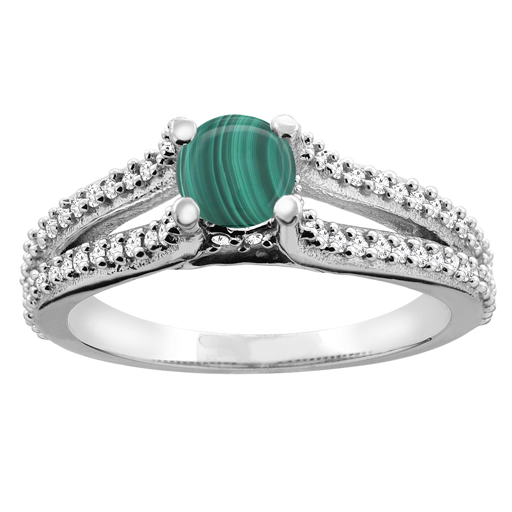 14K White Gold Natural Malachite Engagement Split Shank Ring Round 5mm Diamond Accents, sizes 5 - 10