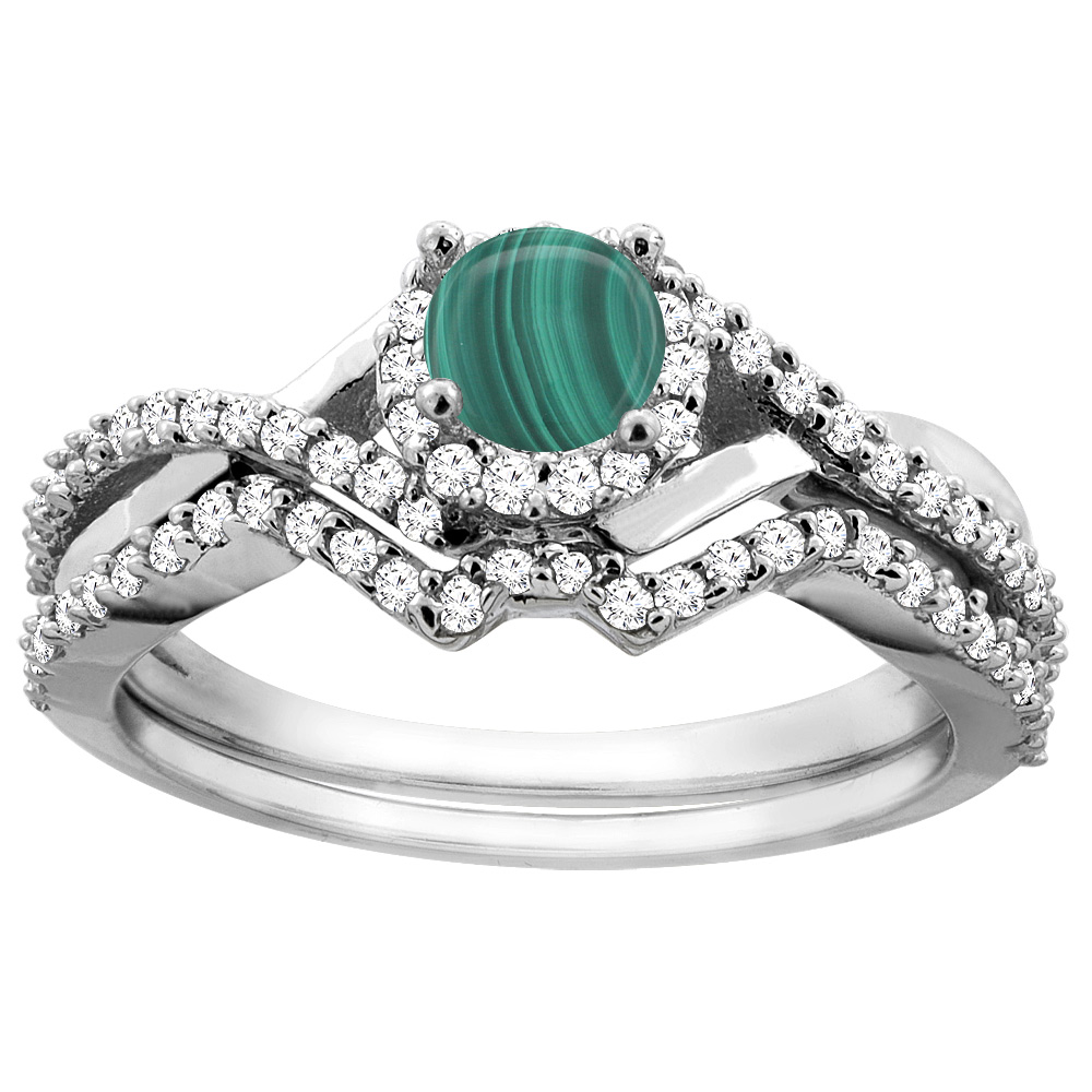 14K Gold Natural Malachite 2-piece Bridal Ring Set Round 5mm, sizes 5 - 10