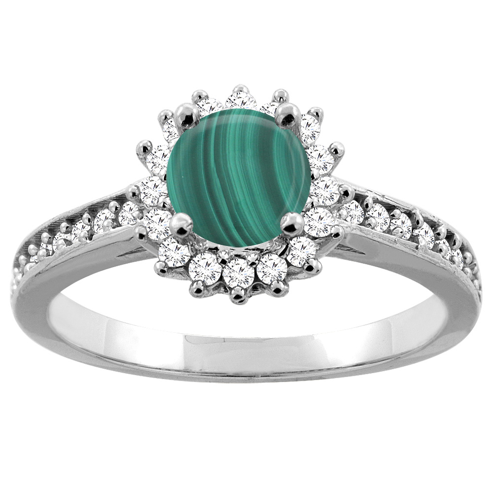 10K Gold Natural Malachite Floral Halo Diamond Engagement Ring Round 6mm, sizes 5 - 10