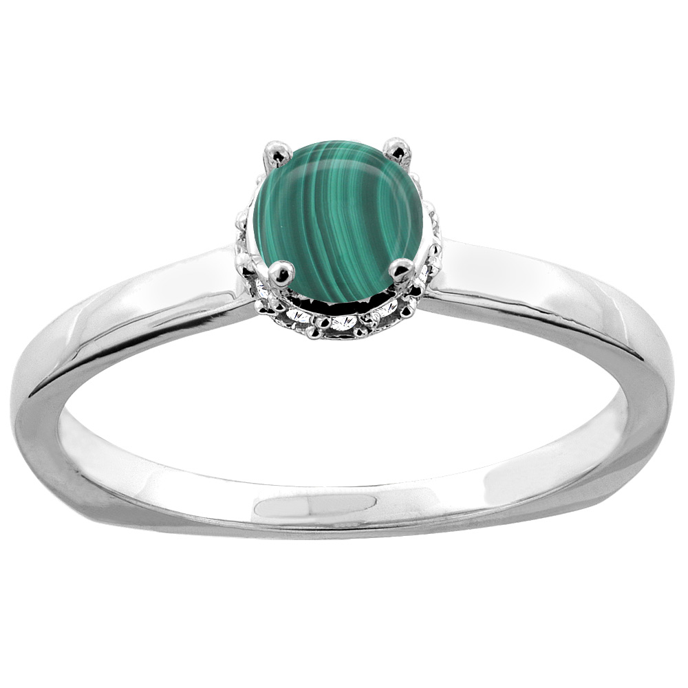 10K Gold Natural Malachite Solitaire Engagement Ring Round 4mm Diamond Accents, sizes 5 - 10