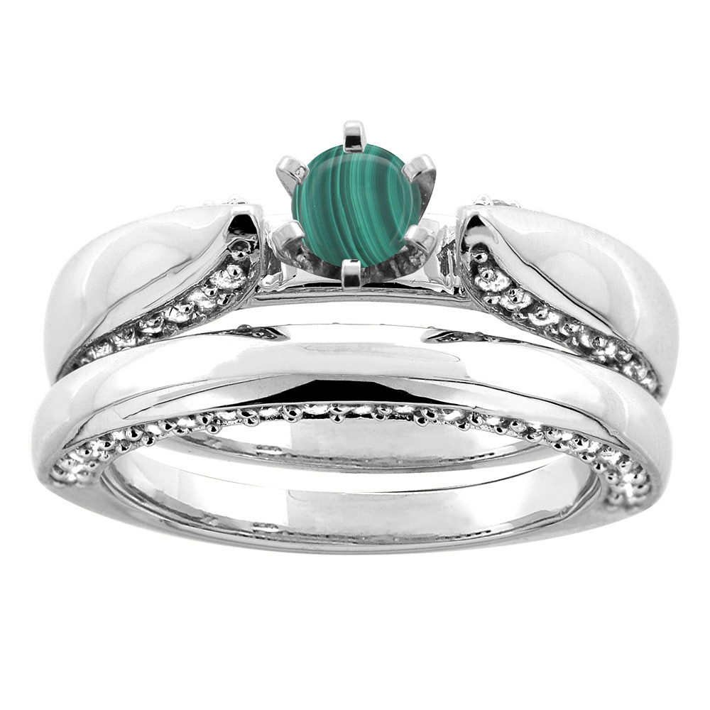 14K White Gold Natural Malachite 2-piece Bridal Ring Set Diamond Accents Round 5mm, sizes 5 - 10