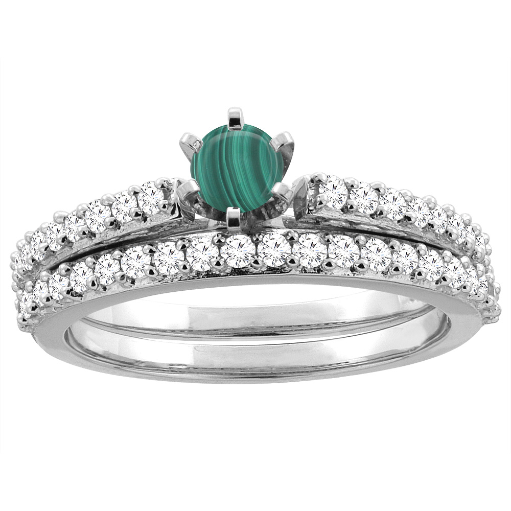 14K White Gold Natural Malachite 2-piece Bridal Ring Set Round 4mm, sizes 5 - 10