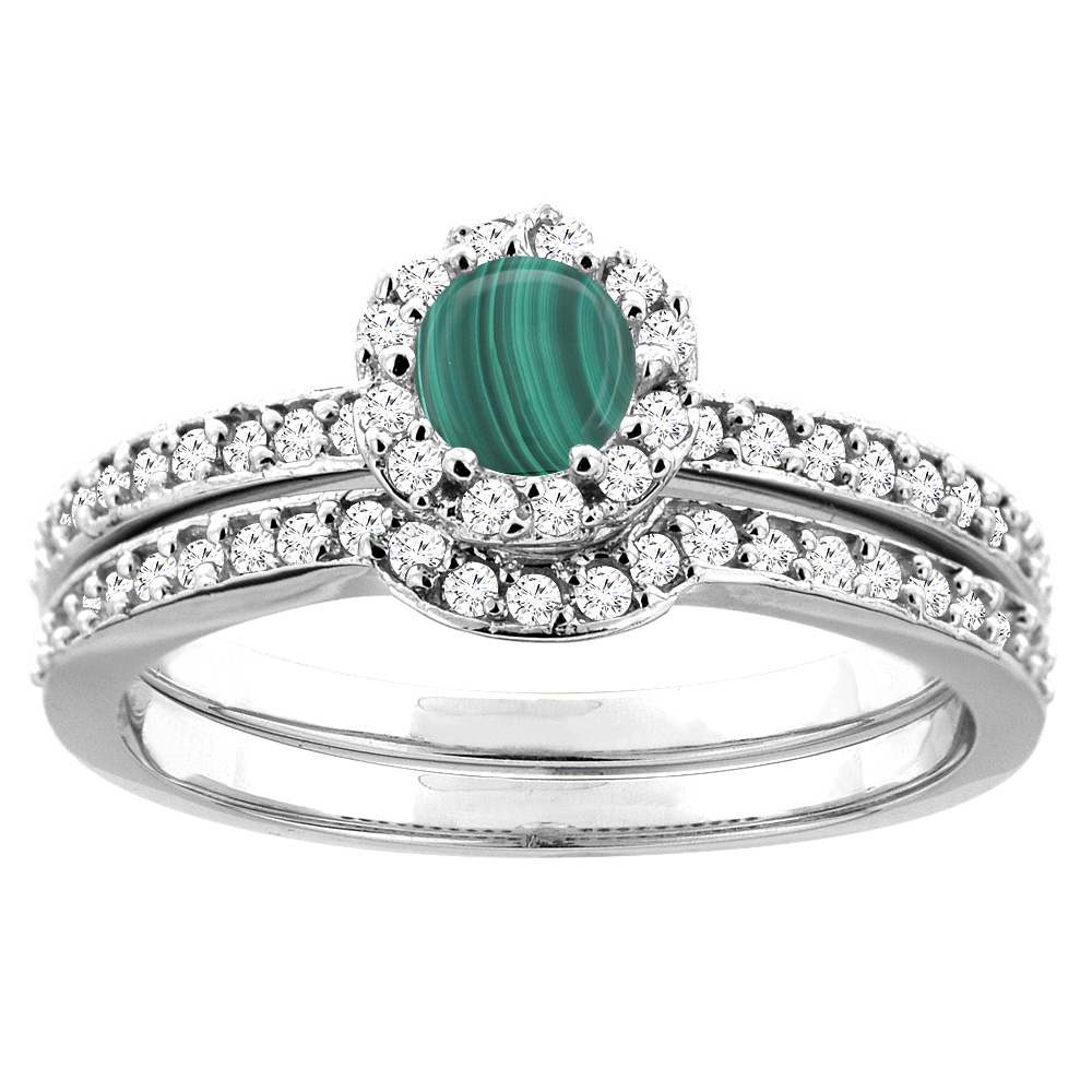 10K White Gold Natural Malachite 2-pc Bridal Ring Set Diamond Accent Round 4mm, sizes 5 - 10