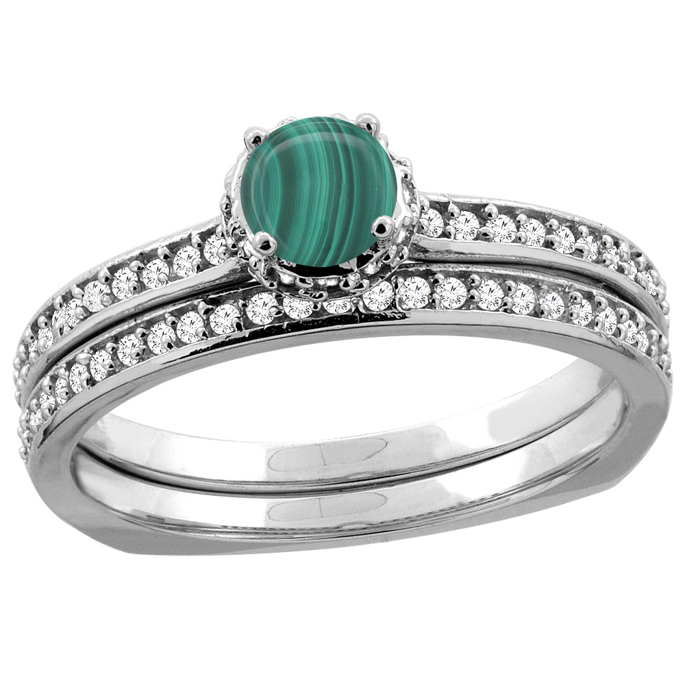 10K White Gold Diamond Natural Malachite 2-pc Bridal Ring Set Round 4mm, sizes 5 - 10