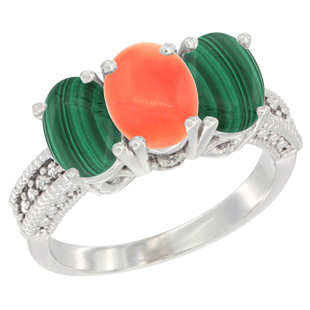 10K White Gold Diamond Natural Coral & Malachite Ring 3-Stone 7x5 mm Oval, sizes 5 - 10