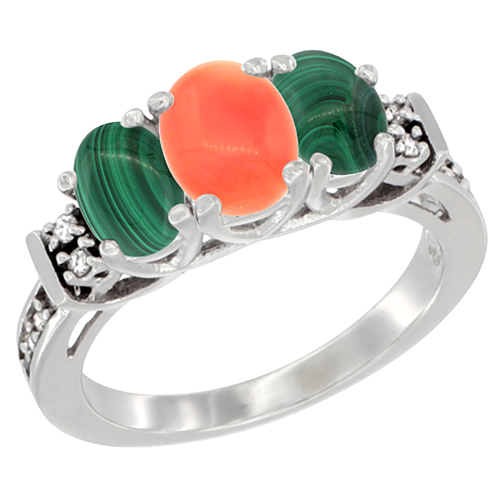 10K White Gold Natural Coral &amp; Malachite Ring 3-Stone Oval Diamond Accent, sizes 5-10