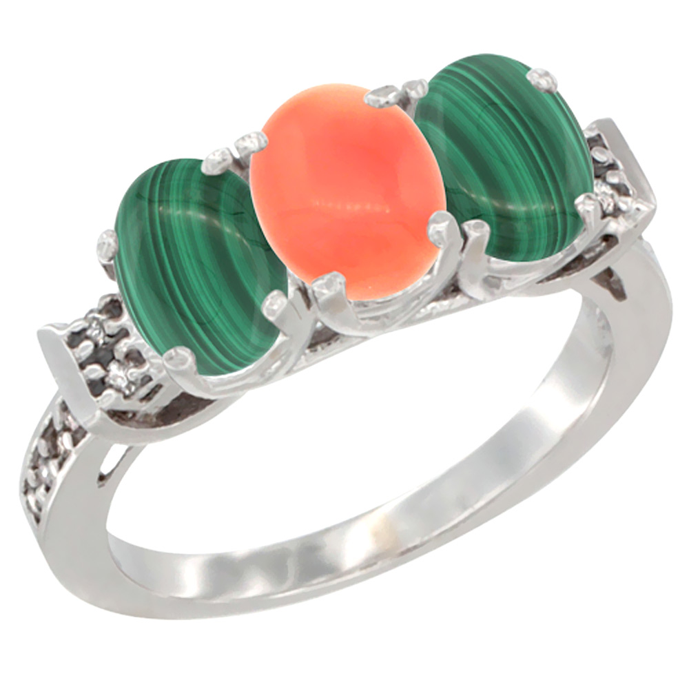 14K White Gold Natural Coral & Malachite Ring 3-Stone 7x5 mm Oval Diamond Accent, sizes 5 - 10