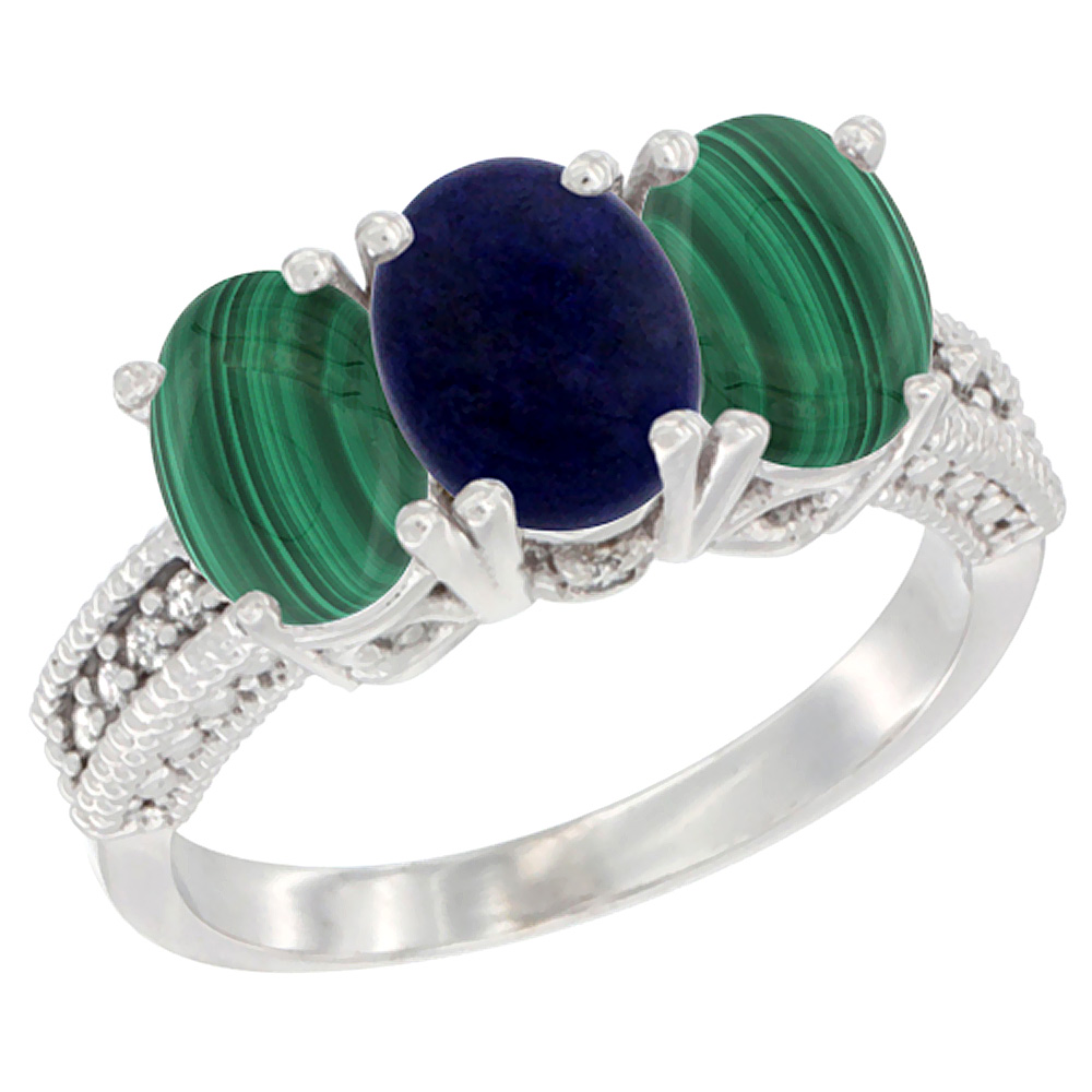 10K White Gold Diamond Natural Lapis & Malachite Ring 3-Stone 7x5 mm Oval, sizes 5 - 10