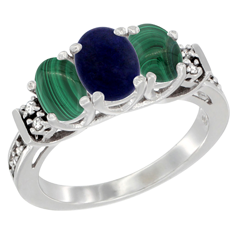 14K White Gold Natural Lapis & Malachite Ring 3-Stone Oval Diamond Accent, sizes 5-10