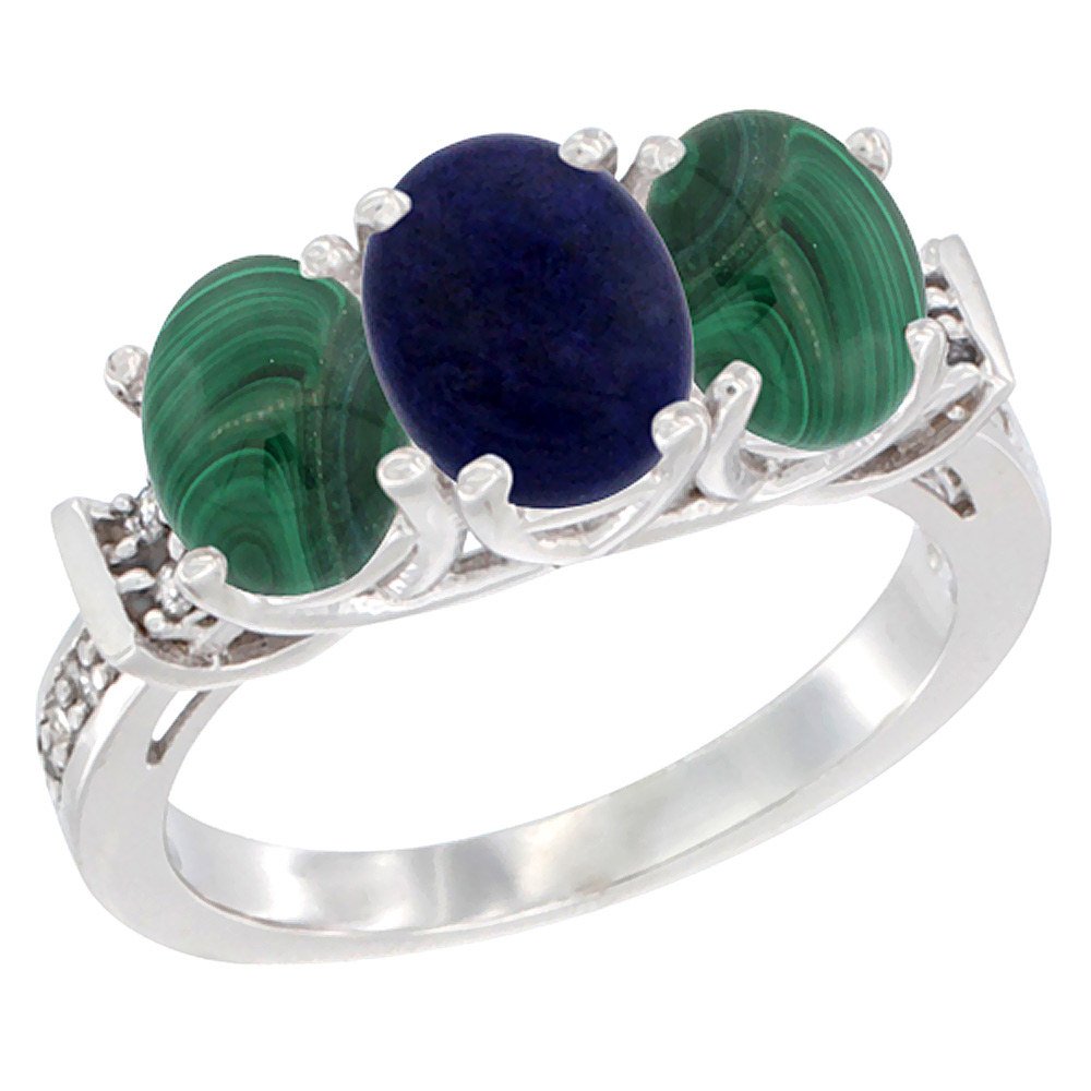 14K White Gold Natural Lapis & Malachite Sides Ring 3-Stone Oval Diamond Accent, sizes 5 - 10