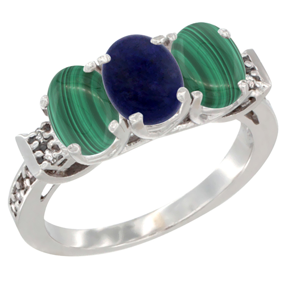 10K White Gold Natural Lapis & Malachite Sides Ring 3-Stone Oval 7x5 mm Diamond Accent, sizes 5 - 10