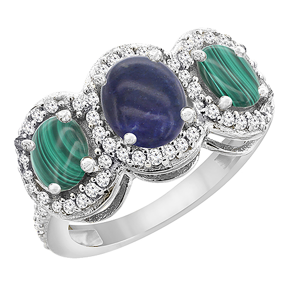 14K White Gold Natural Lapis & Malachite 3-Stone Ring Oval Diamond Accent, sizes 5 - 10