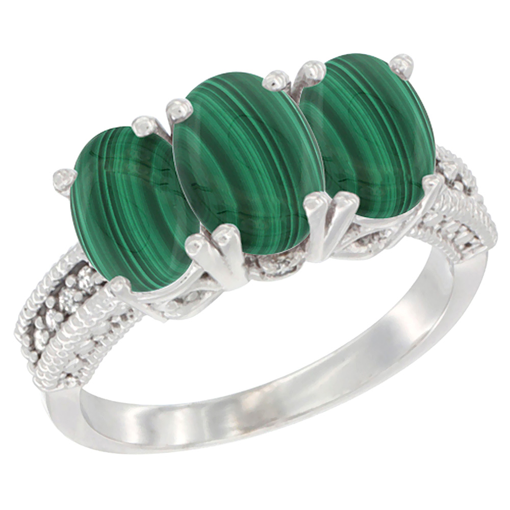 10K White Gold Diamond Natural Malachite Ring 3-Stone 7x5 mm Oval, sizes 5 - 10