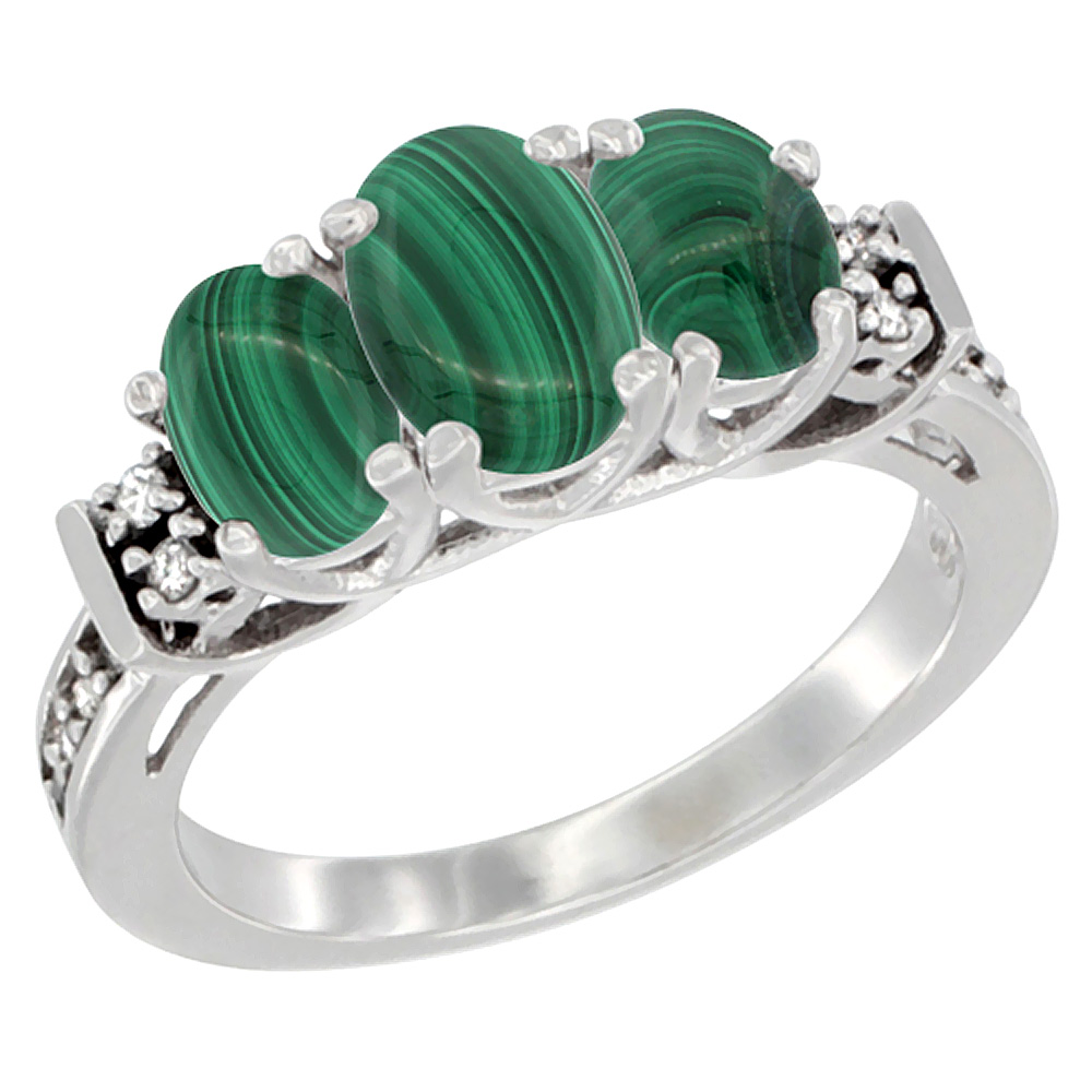 10K White Gold Natural Malachite Ring 3-Stone Oval Diamond Accent, sizes 5-10