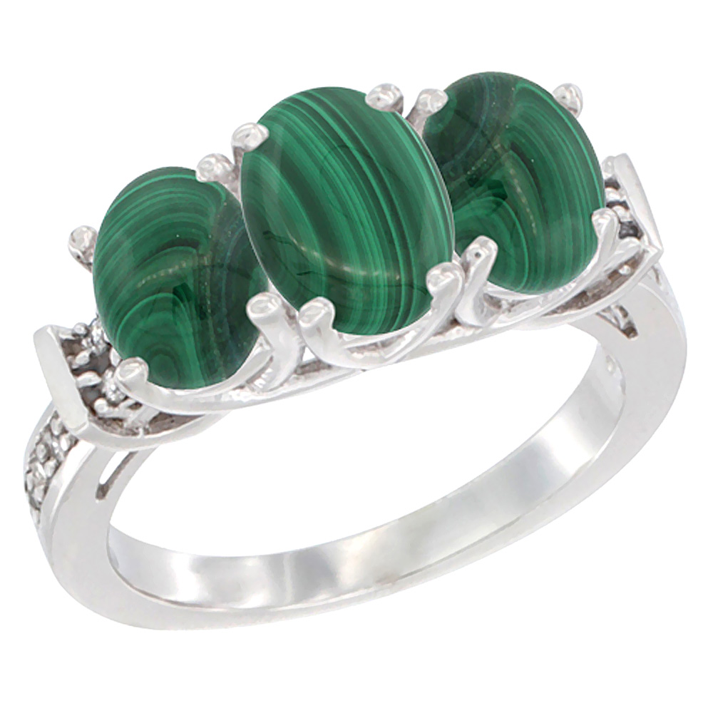 14K White Gold Natural Malachite Ring 3-Stone Oval Diamond Accent, sizes 5 - 10