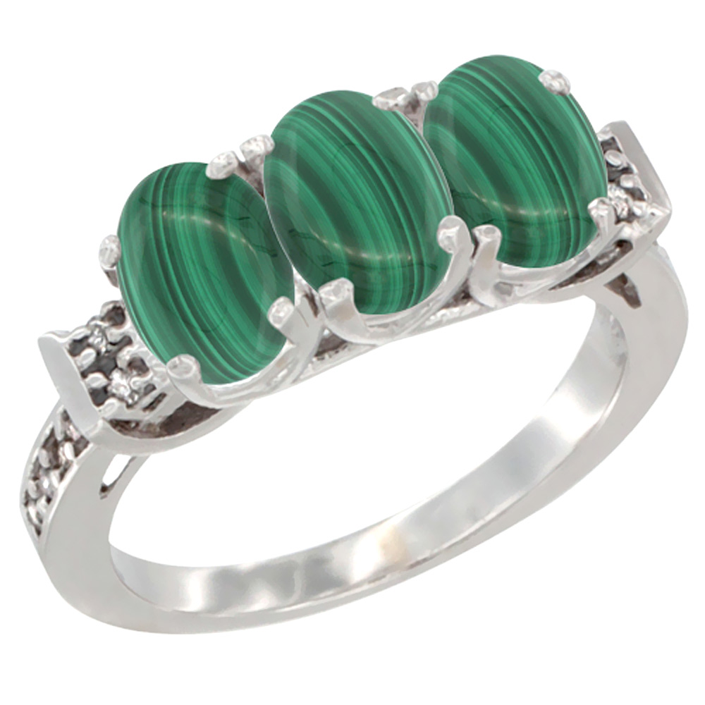 10K White Gold Natural Malachite Ring 3-Stone Oval 7x5 mm Diamond Accent, sizes 5 - 10