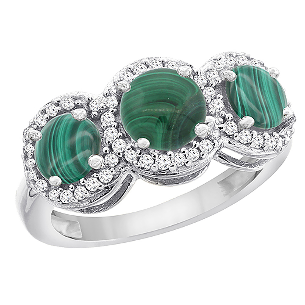 14K White Gold Natural Malachite Round 3-stone Ring Diamond Accents, sizes 5 - 10