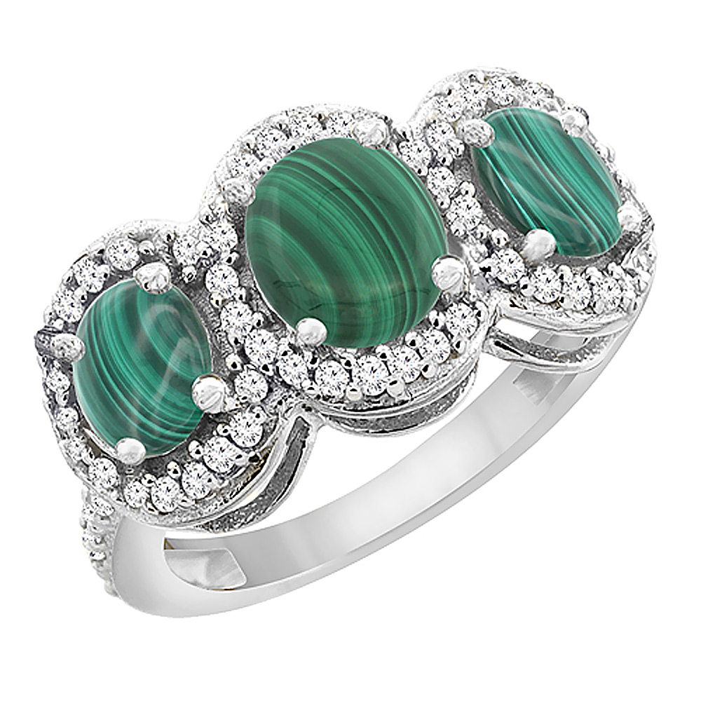 10K White Gold Natural Malachite 3-Stone Ring Oval Diamond Accent, sizes 5 - 10