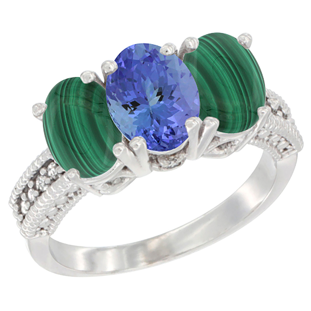 10K White Gold Diamond Natural Tanzanite &amp; Malachite Ring 3-Stone 7x5 mm Oval, sizes 5 - 10