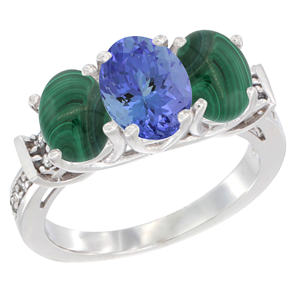 10K White Gold Natural Tanzanite & Malachite Sides Ring 3-Stone Oval Diamond Accent, sizes 5 - 10