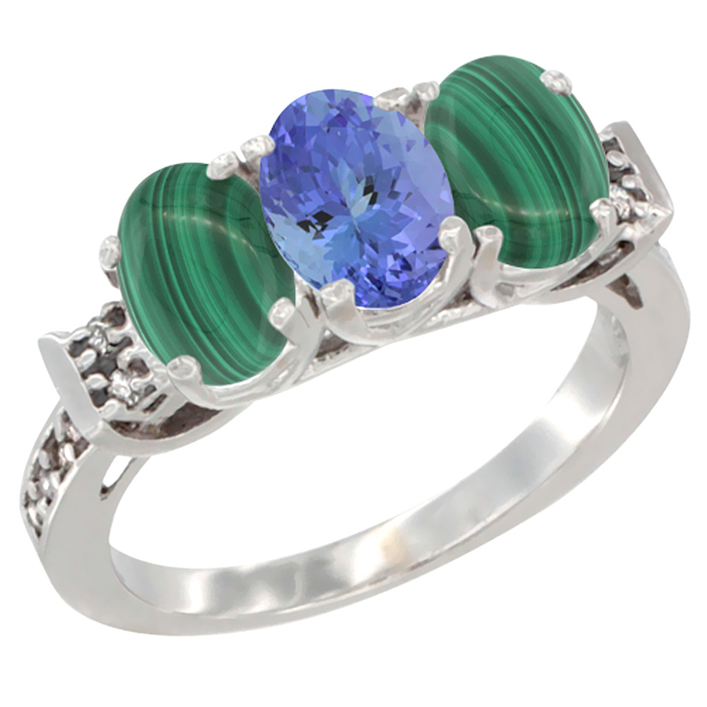 14K White Gold Natural Tanzanite &amp; Malachite Ring 3-Stone 7x5 mm Oval Diamond Accent, sizes 5 - 10