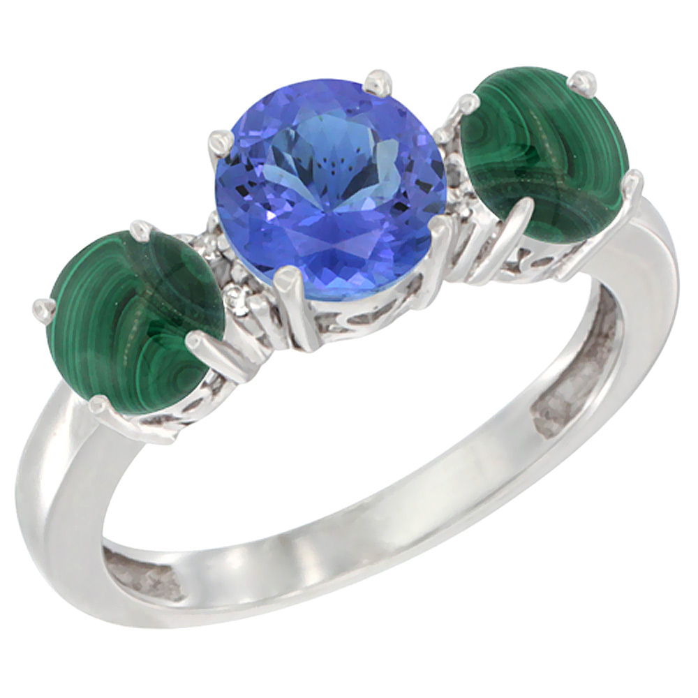 14K White Gold Round 3-Stone Natural Tanzanite Ring & Malachite Sides Diamond Accent, sizes 5 - 10