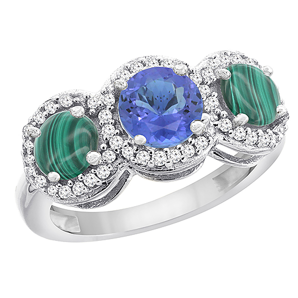 14K White Gold Natural Tanzanite & Malachite Sides Round 3-stone Ring Diamond Accents, sizes 5 - 10