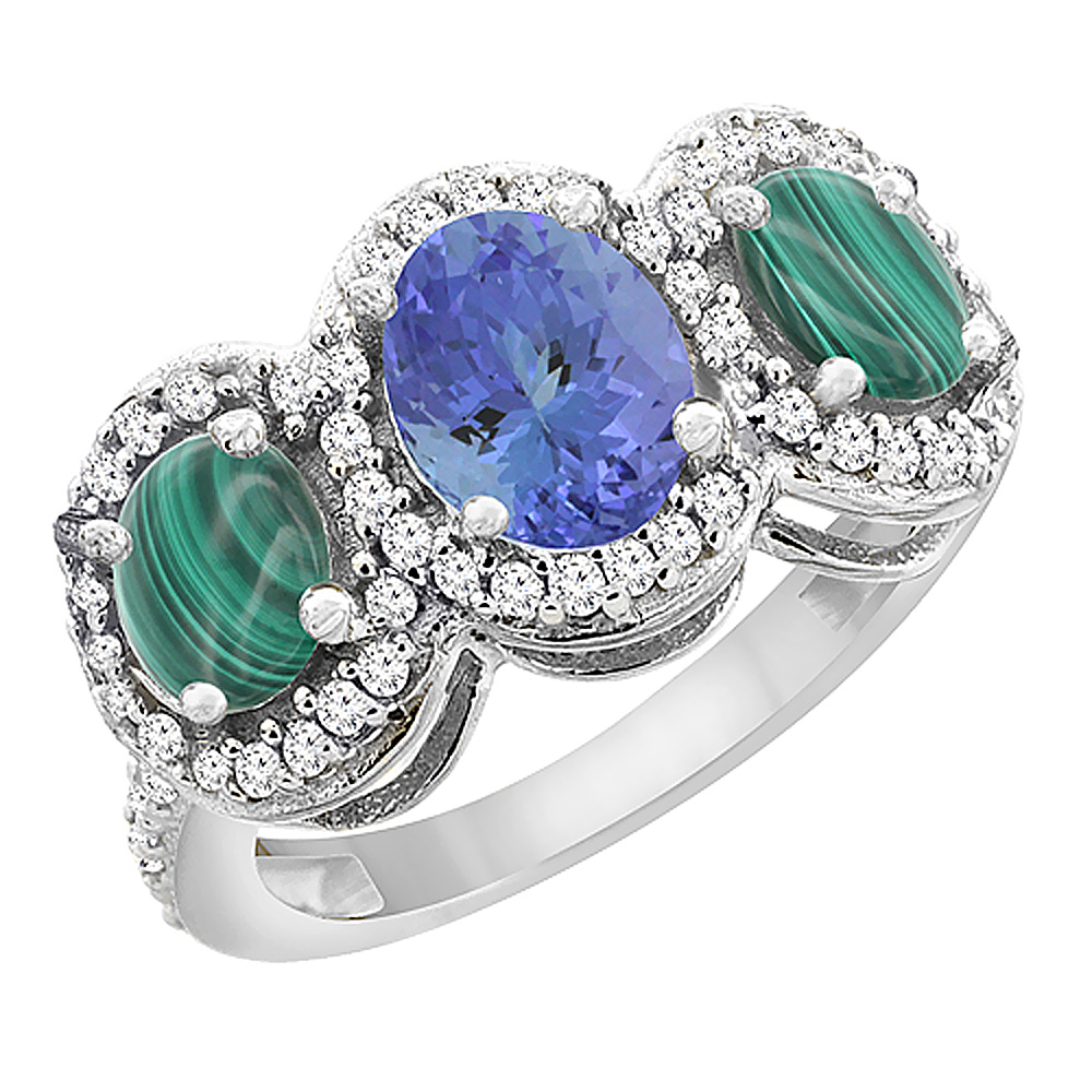 10K White Gold Natural Tanzanite & Malachite 3-Stone Ring Oval Diamond Accent, sizes 5 - 10