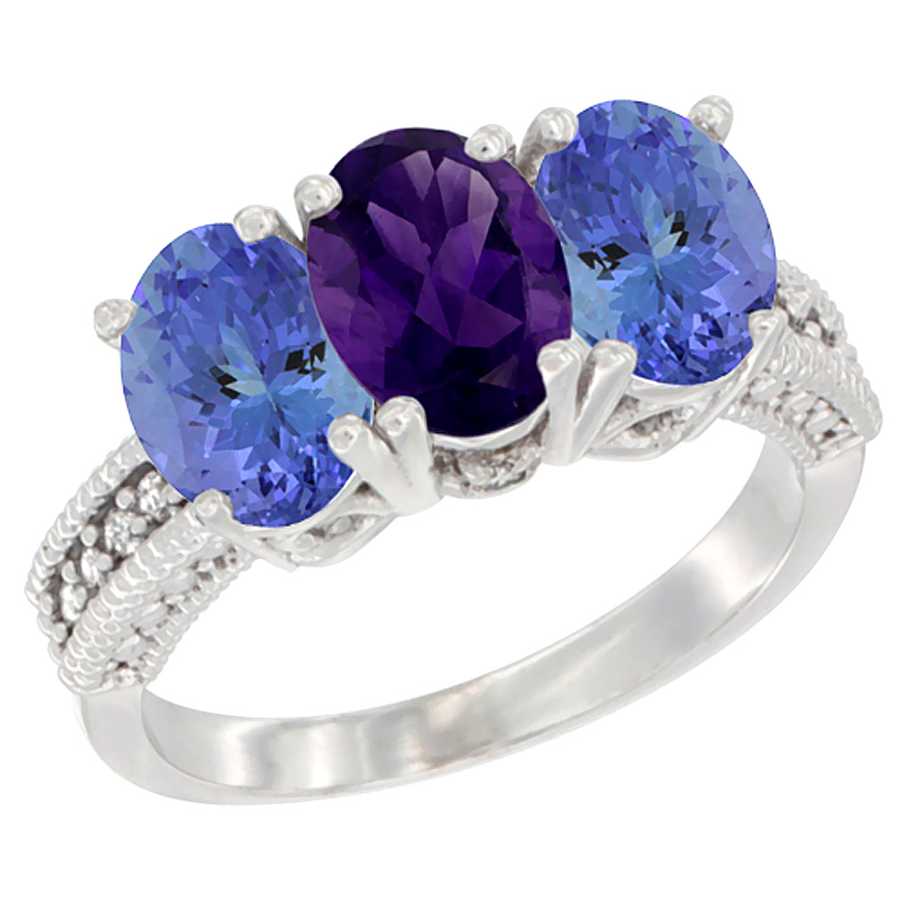 10K White Gold Diamond Natural Amethyst & Tanzanite Ring 3-Stone 7x5 mm Oval, sizes 5 - 10