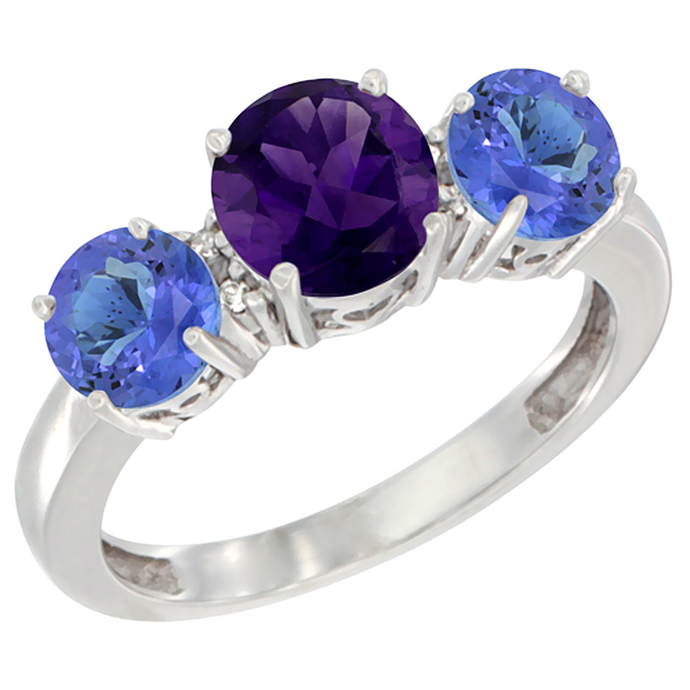 14K White Gold Round 3-Stone Natural Amethyst Ring & Tanzanite Sides Diamond Accent, sizes 5 - 10