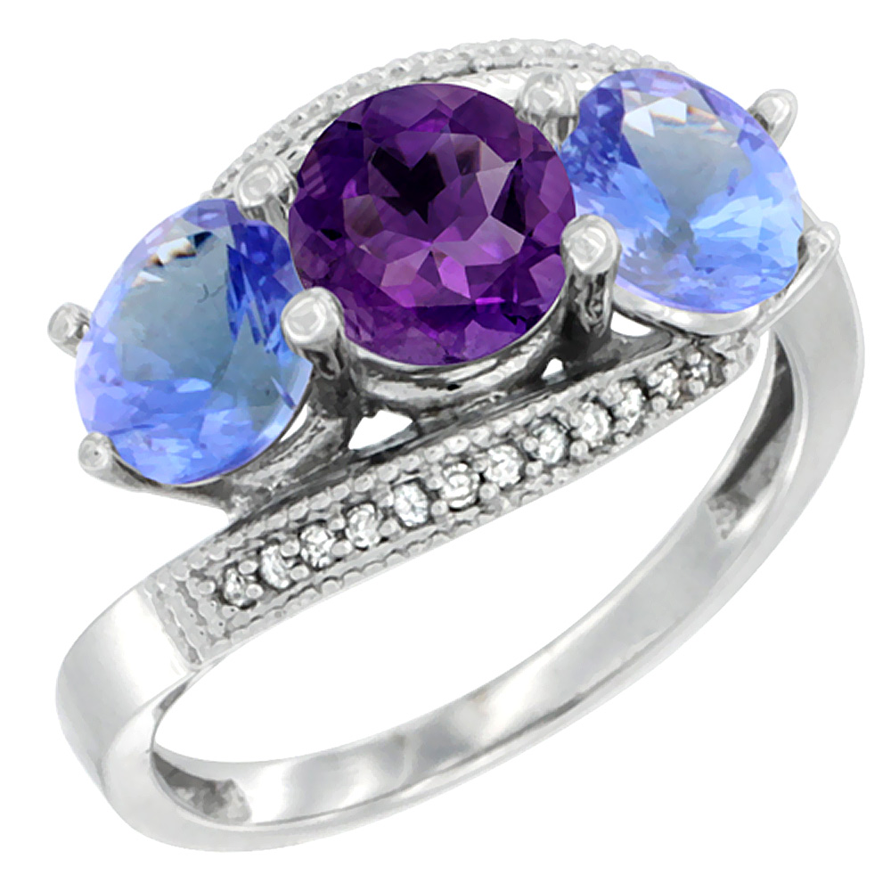 10K White Gold Natural Amethyst & Tanzanite Sides 3 stone Ring Round 6mm Diamond Accent, sizes 5 - 10