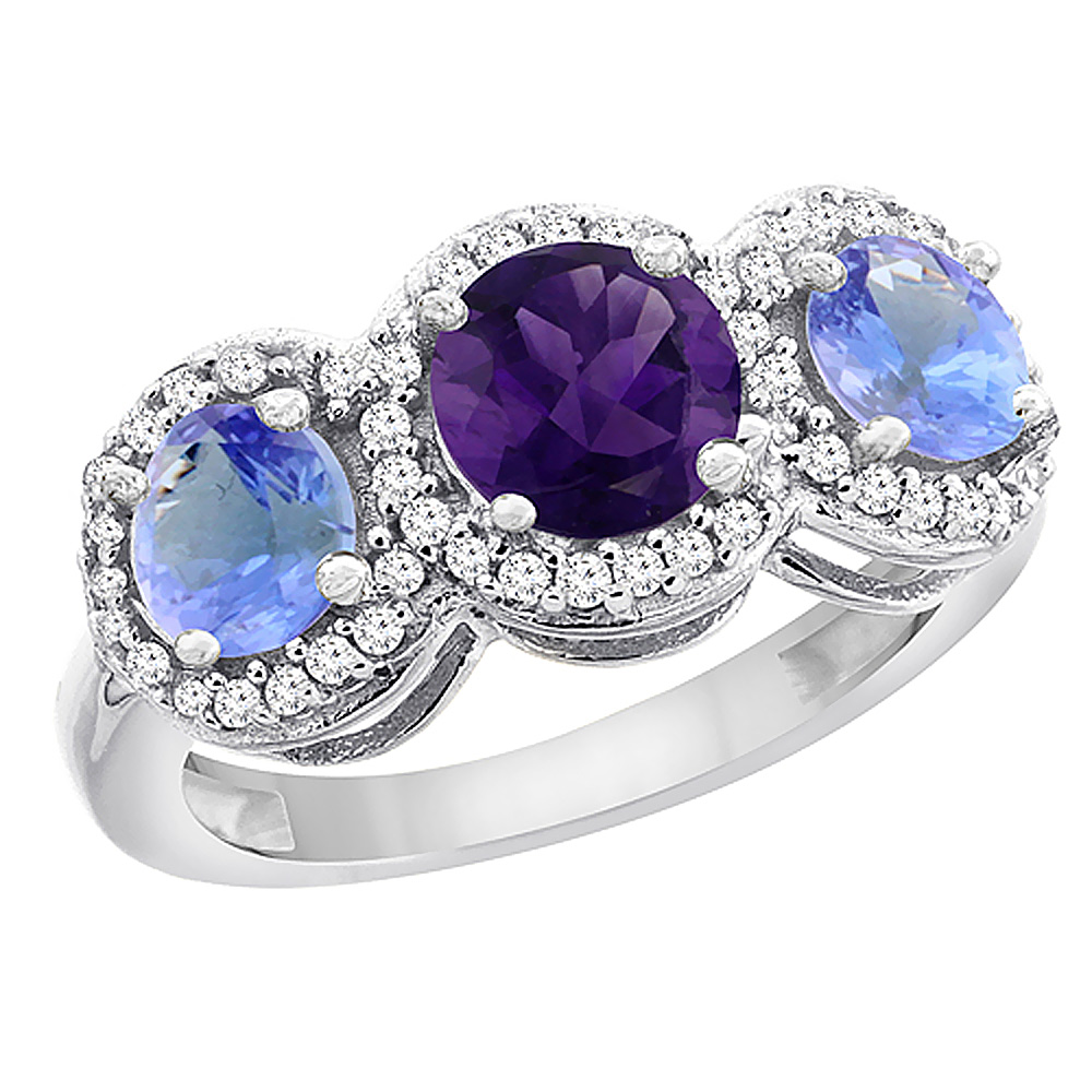 10K White Gold Natural Amethyst & Tanzanite Sides Round 3-stone Ring Diamond Accents, sizes 5 - 10