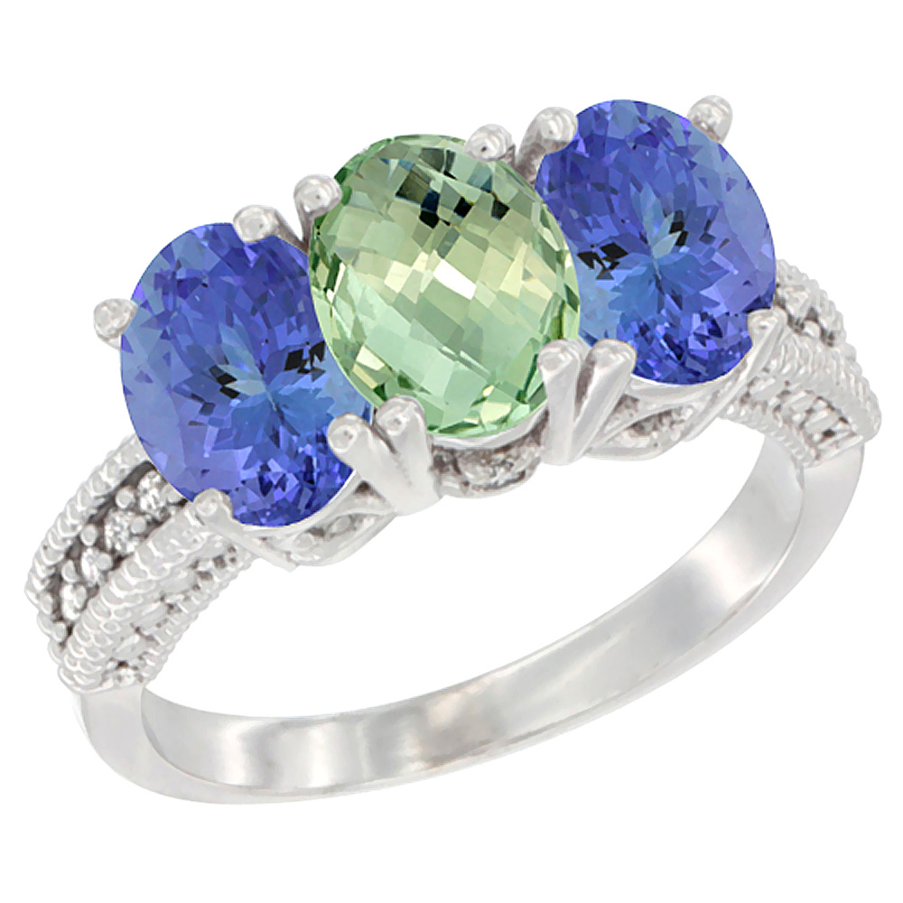 14K White Gold Natural Green Amethyst Ring with Tanzanite 3-Stone 7x5 mm Oval Diamond Accent, sizes 5 - 10