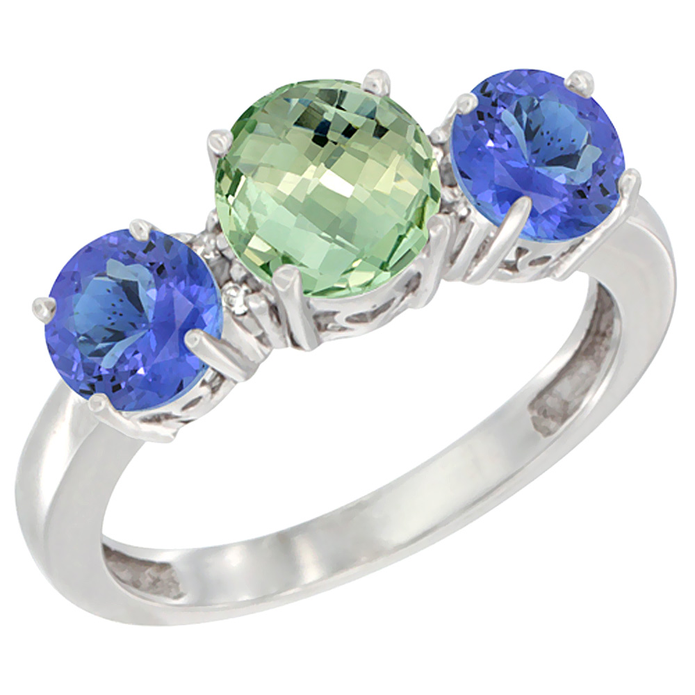 14K White Gold Round 3-Stone Natural Green Amethyst Ring & Tanzanite Sides Diamond Accent, sizes 5 - 10