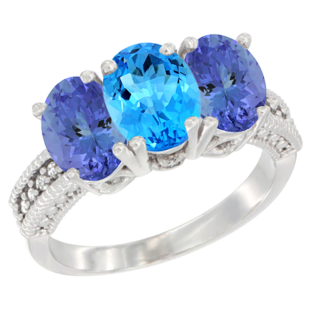 10K White Gold Diamond Natural Swiss Blue Topaz &amp; Tanzanite Ring 3-Stone 7x5 mm Oval, sizes 5 - 10