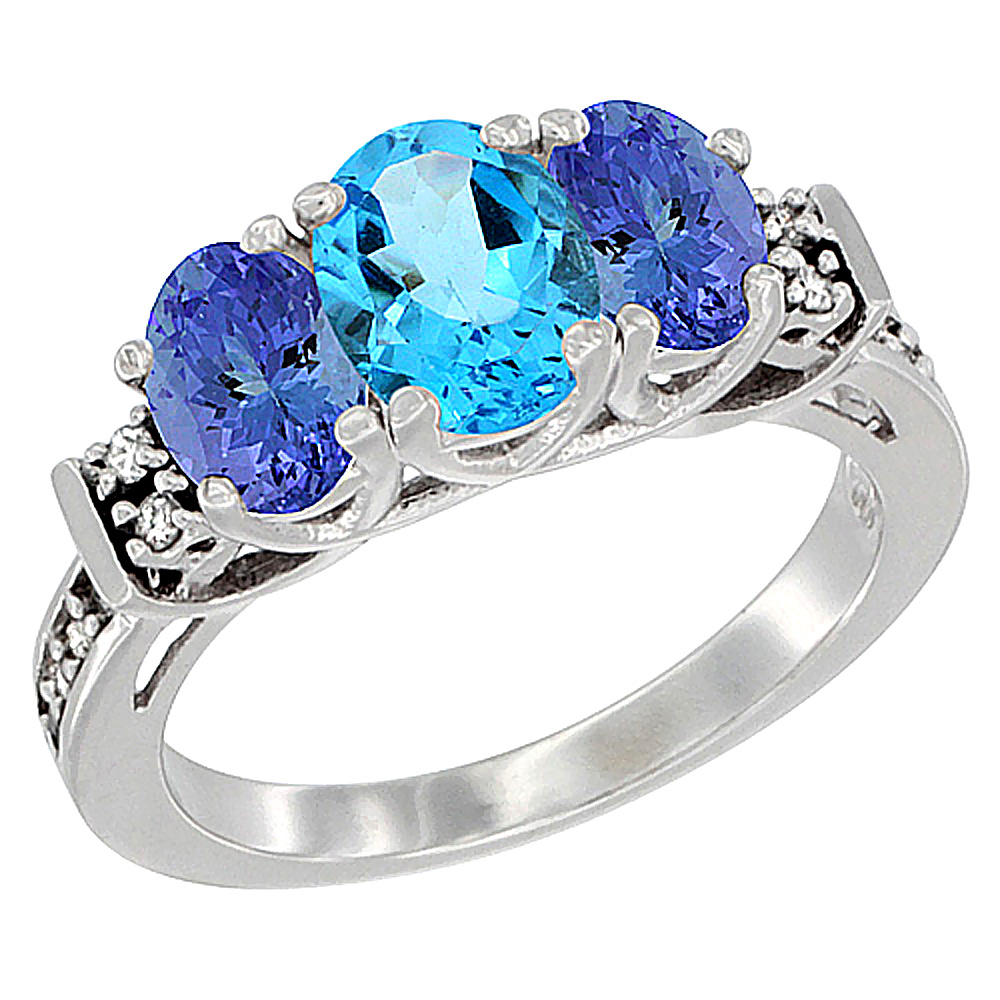 10K White Gold Natural Swiss Blue Topaz & Tanzanite Ring 3-Stone Oval Diamond Accent, sizes 5-10