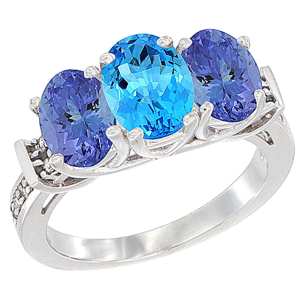 14K White Gold Natural Swiss Blue Topaz & Tanzanite Sides Ring 3-Stone Oval Diamond Accent, sizes 5 - 10