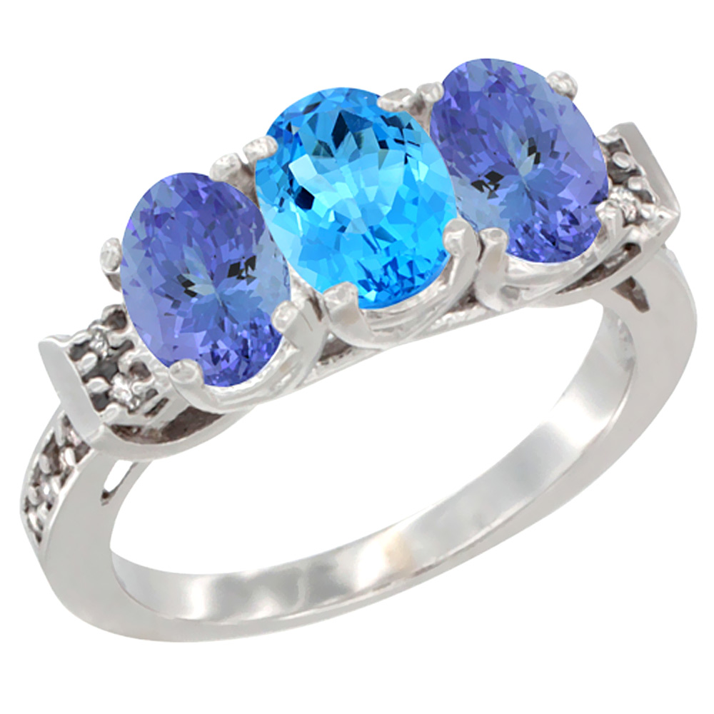 10K White Gold Natural Swiss Blue Topaz &amp; Tanzanite Sides Ring 3-Stone Oval 7x5 mm Diamond Accent, sizes 5 - 10