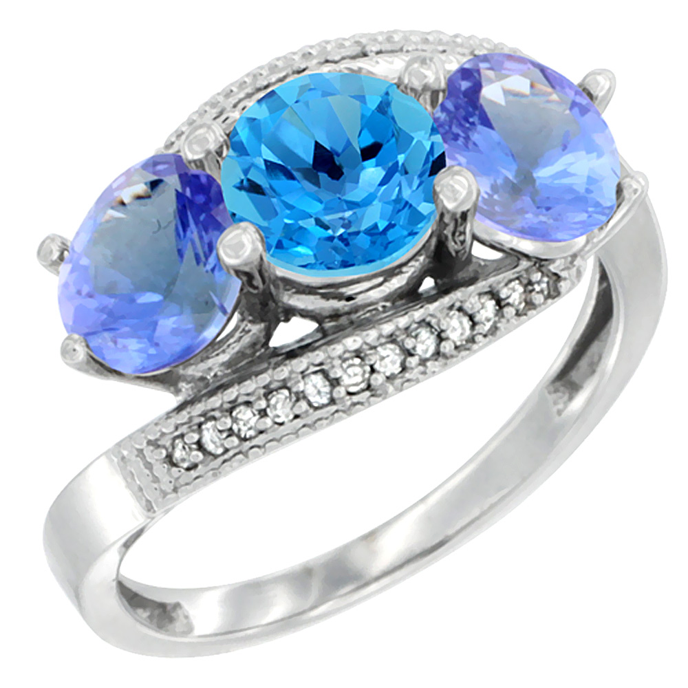 10K White Gold Natural Swiss Blue Topaz & Tanzanite Sides 3 stone Ring Round 6mm Diamond Accent, sizes 5 - 10