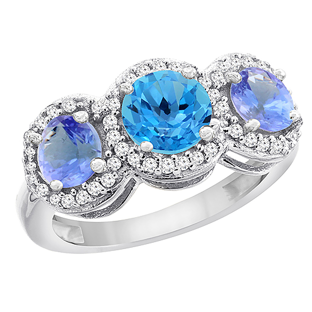 10K White Gold Natural Swiss Blue Topaz &amp; Tanzanite Sides Round 3-stone Ring Diamond Accents, sizes 5 - 10