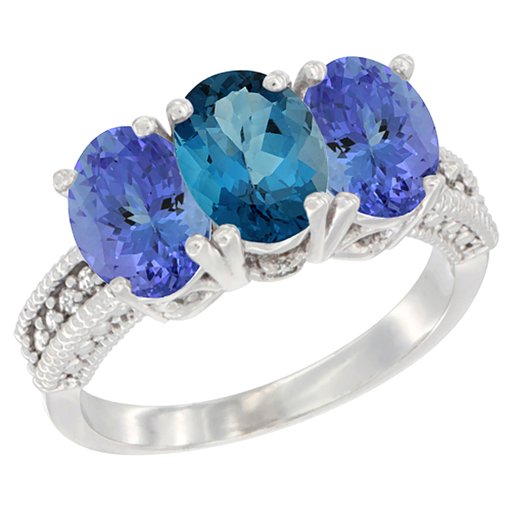 10K White Gold Diamond Natural London Blue Topaz &amp; Tanzanite Ring 3-Stone 7x5 mm Oval, sizes 5 - 10