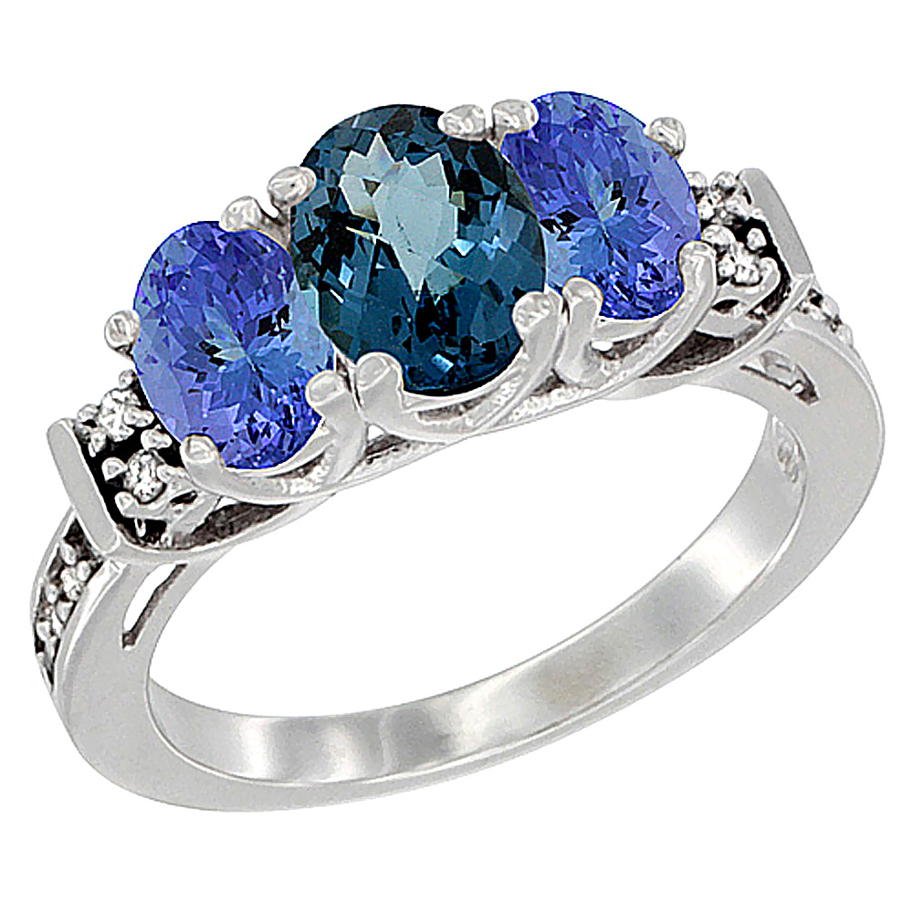 10K White Gold Natural London Blue Topaz &amp; Tanzanite Ring 3-Stone Oval Diamond Accent, sizes 5-10