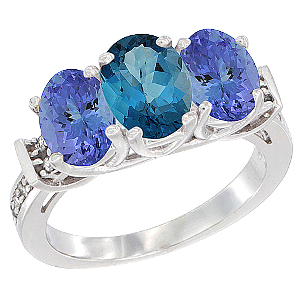 10K White Gold Natural London Blue Topaz & Tanzanite Sides Ring 3-Stone Oval Diamond Accent, sizes 5 - 10