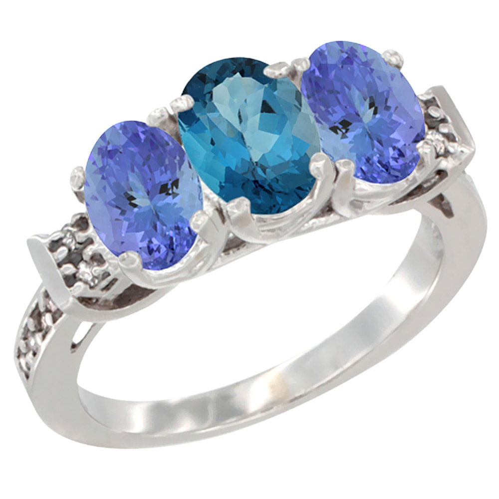 10K White Gold Natural London Blue Topaz & Tanzanite Sides Ring 3-Stone Oval 7x5 mm Diamond Accent, sizes 5 - 10